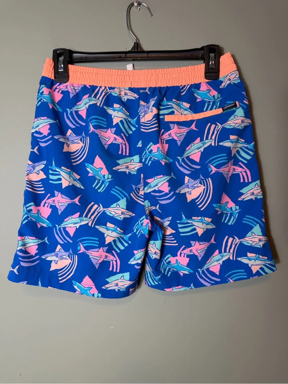 chubbies Kids Blue Shark Swim Trunks with Coral Waistband large 14/16